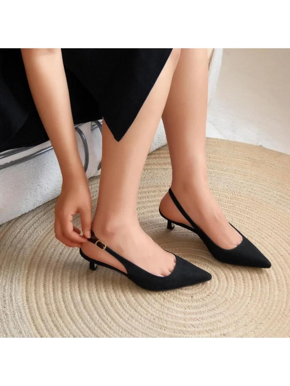 Women's Black Suede Kitten Heel Slingback Pointed Closed Toe Ankle Strap Shoes